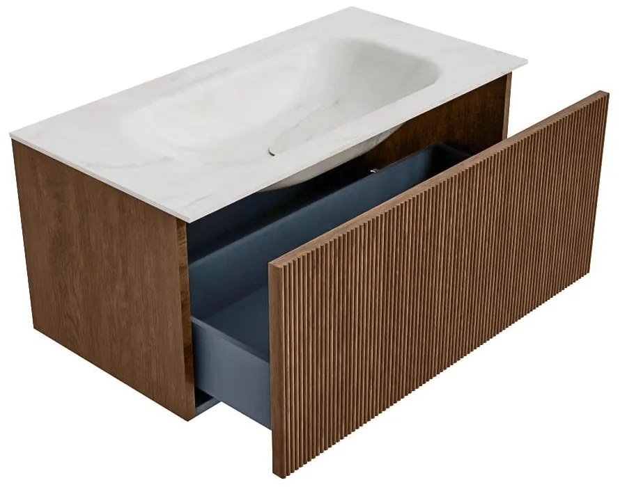 Mondiaz Kurve-dlux 90cm badmeubel walnut met 1 lade en wastafel big small midden 1 kraangat ostra