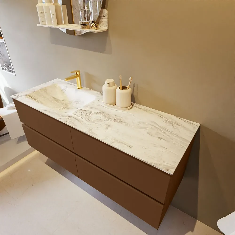 Mondiaz Vica DLux badmeubel 130cm rust 4 lades met wastafel glace links 1 kraangat