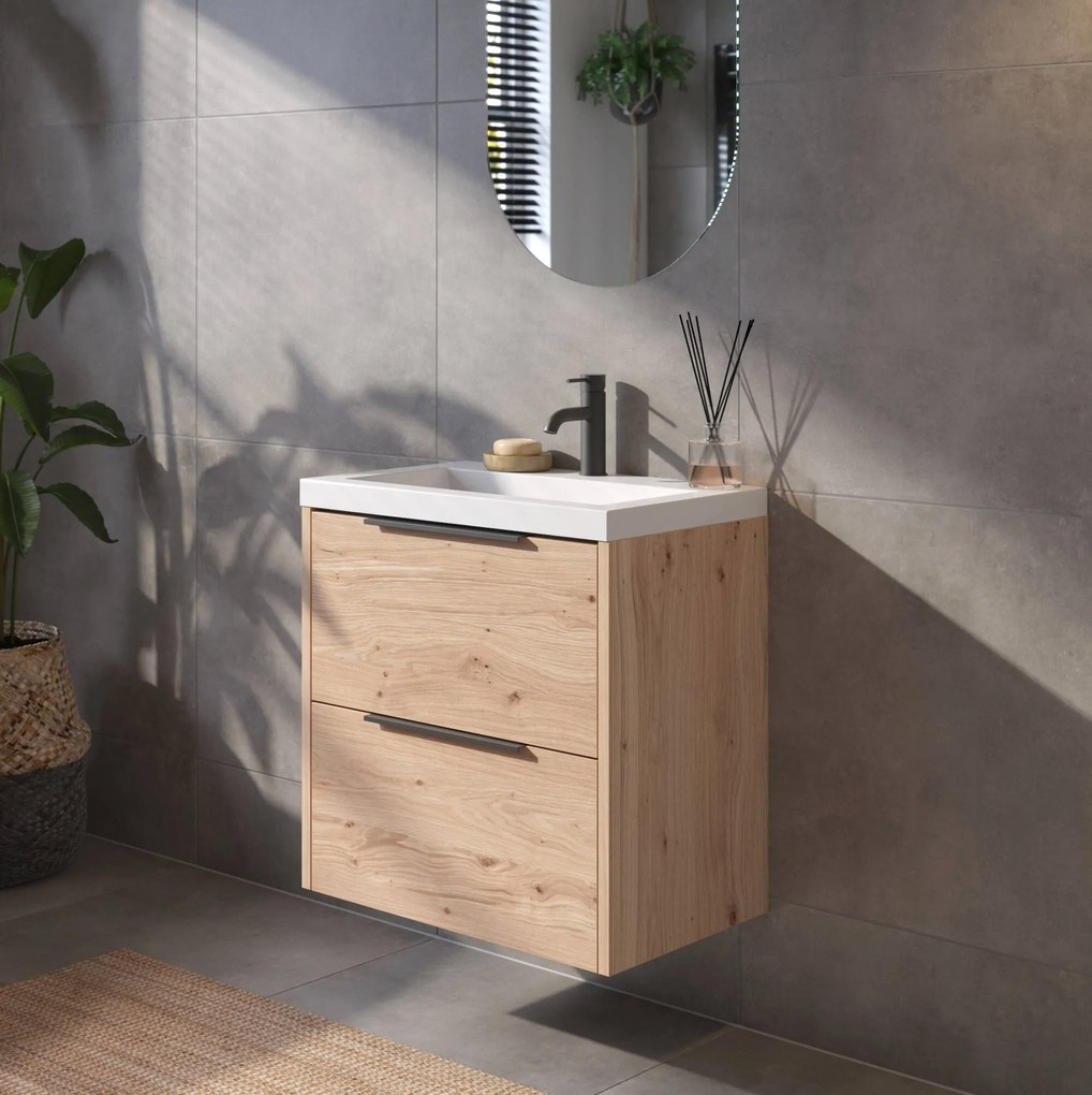 Saqu Lima ondiep badmeubel incl. glans witte wastafel 60x40x64cm naturel eiken – mat zwarte greep