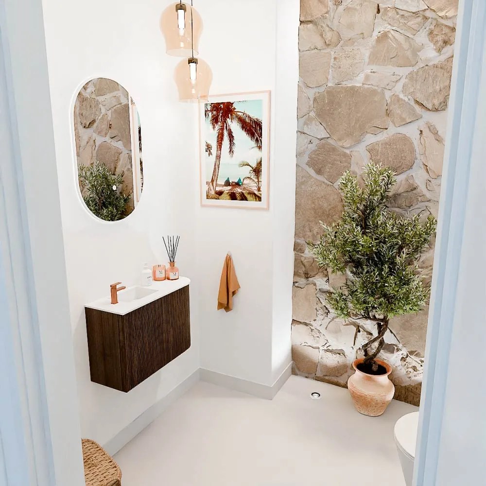 Mondiaz Joya 60cm toiletmeubel ronding rechts walnut met wastafel faye links 1 kraangat talc