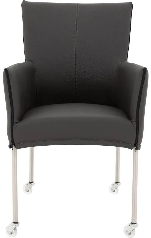 Goossens Eetkamerstoel Funk RVS Poten donkergrijs leer met armleuning en Transparant skater wiel met rvs kapmet wielen, modern design