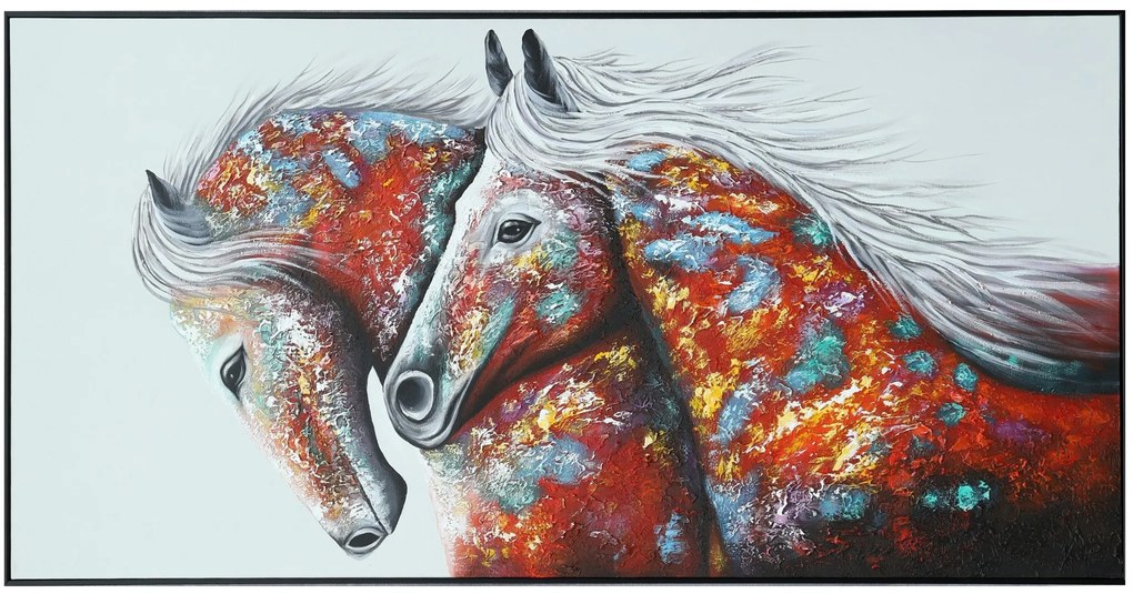 Fine Asianliving Olieverf Schilderij 100% Handgeschilderd 3D met Reliëf Effect en Zwarte Omlijsting 80x160cm Twee Paarden