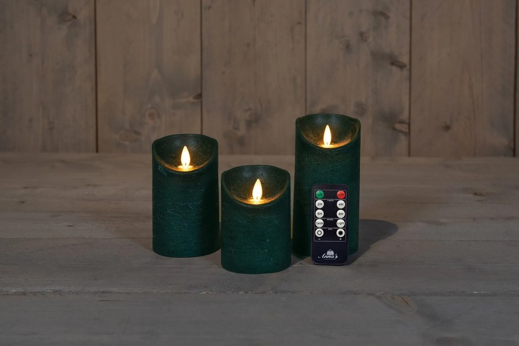 Anna's Collection - Ledkaarsen donkergroen - set van 3 stuks - diverse groottes - met afstandsbediening