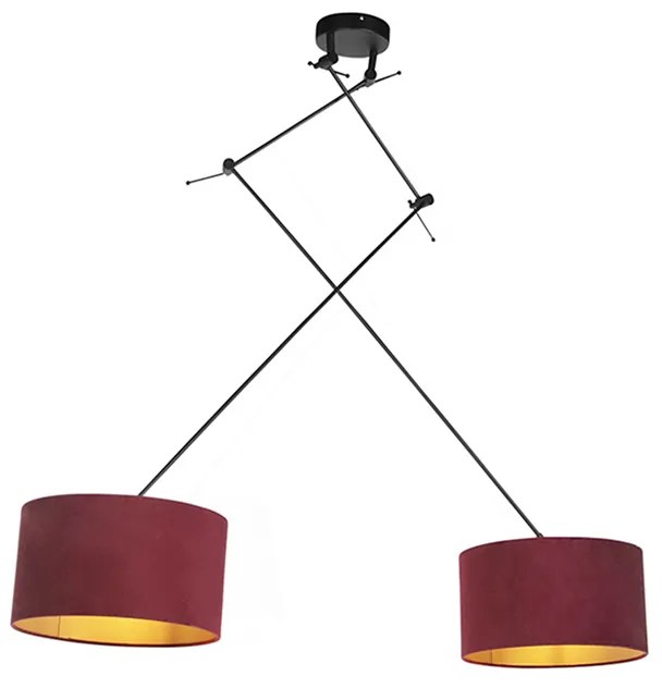Hanglamp zwart met velours kappen rood met goud 35 cm 2-lichts - Blitz