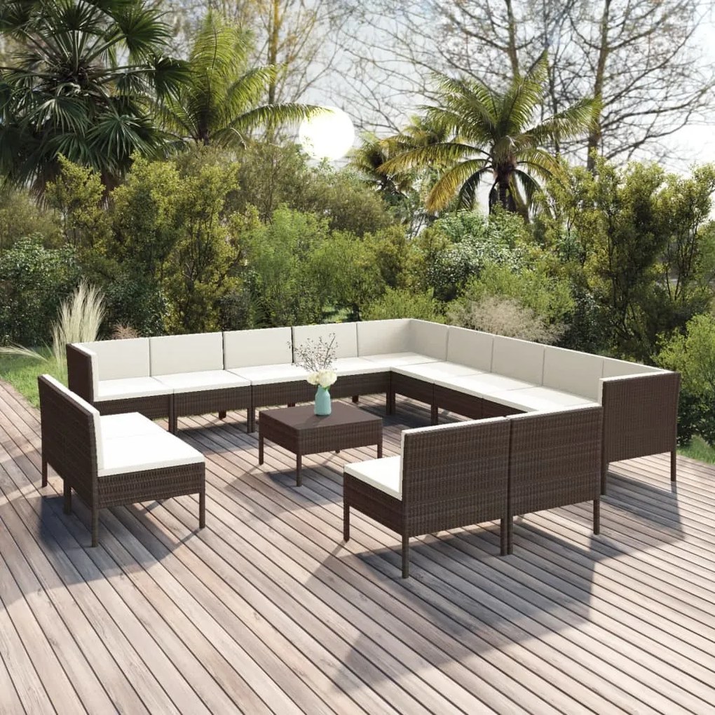 vidaXL 14-delige Loungeset met kussens poly rattan bruin