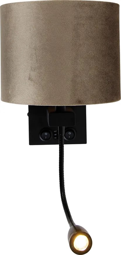 Wandlamp zwart met velours kap taupe 18cm - Brescia Combi