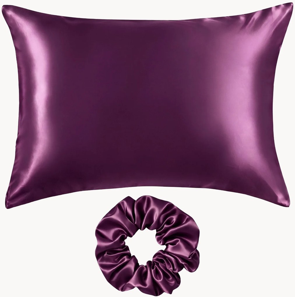 Kussensloop en scrunchie van moerbeizijde satijn Aubergine, 2-delig