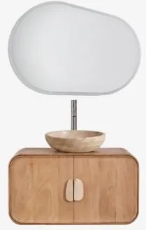 Hangend Badkamermeubelset 95x45 Cm Van Mangohout En Natuurlijke Kivalina-steen Ovaal Led En Anticondens 100x80 Cm Riben & Geborsteld Grijs ↑30 Cm Met