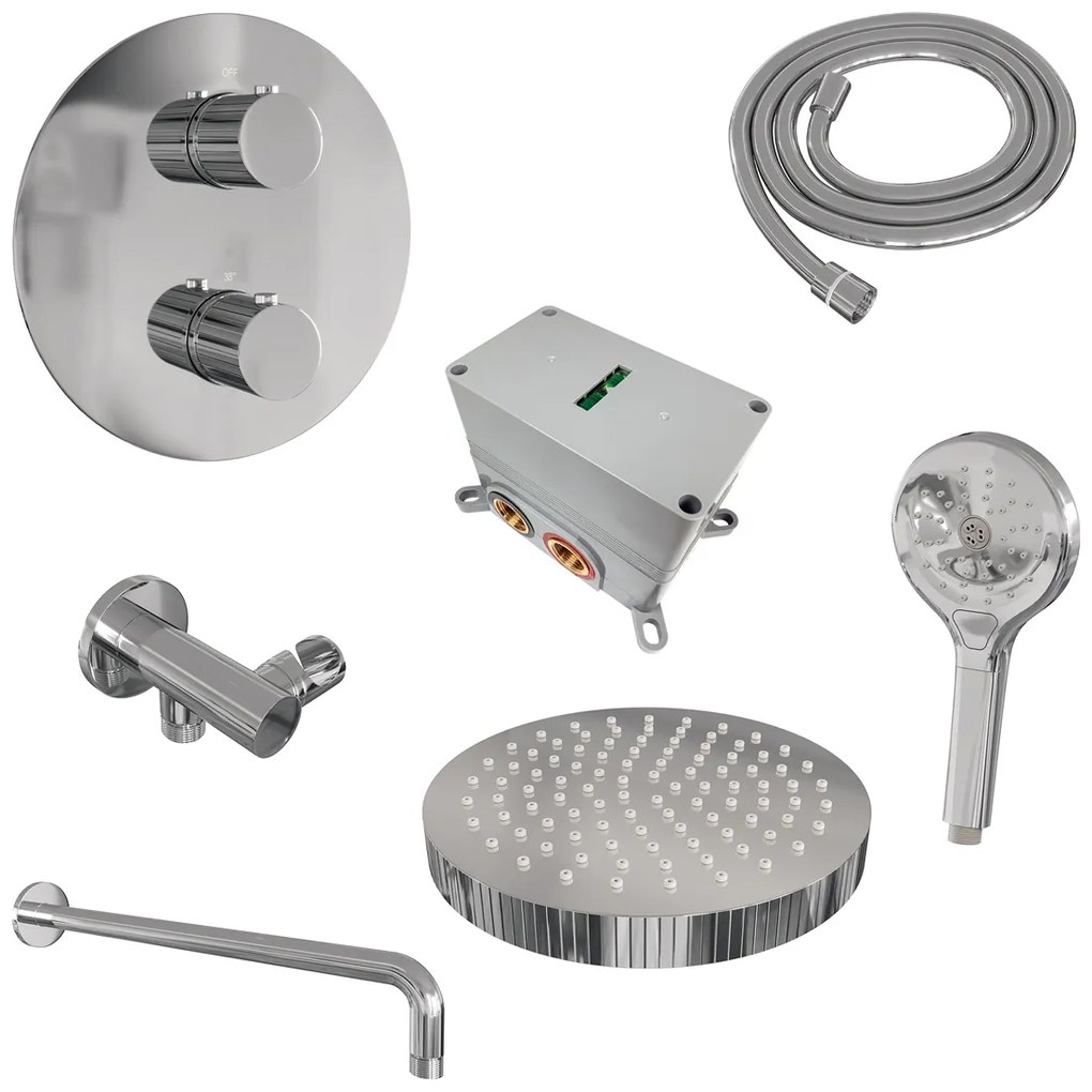 Brauer Stripe inbouw regendouche rond met 25cm hoofddouche, gebogen muurarm en 3 standen handdouche set 41 chroom