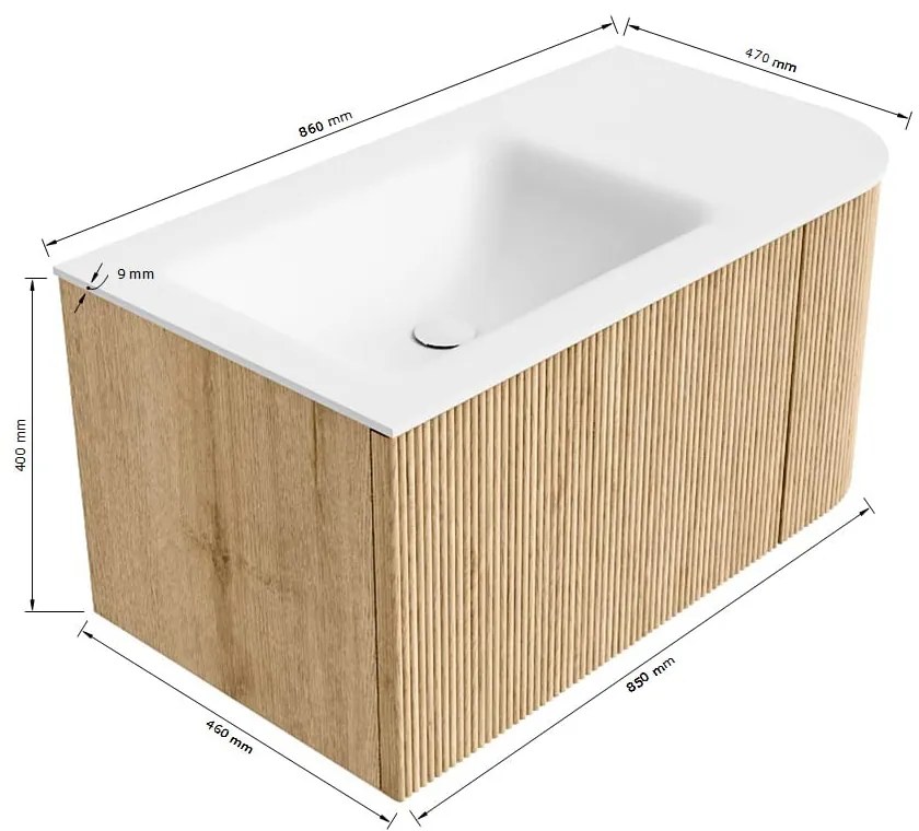 Mondiaz Kurve 85cm badmeubel ronding rechts walnut met 1 lade en deur en wastafel cloud kraangat links urban