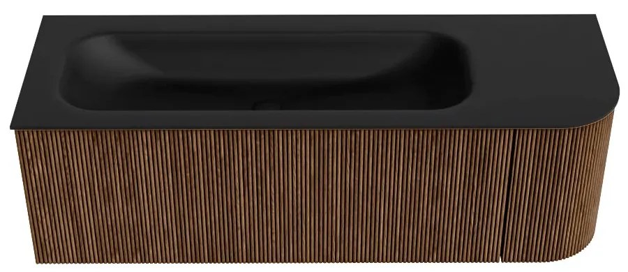 Mondiaz Kurve 135cm badmeubel ronding rechts walnut met 1 lade en deur en wastafel big medium links zonder kraangat urban