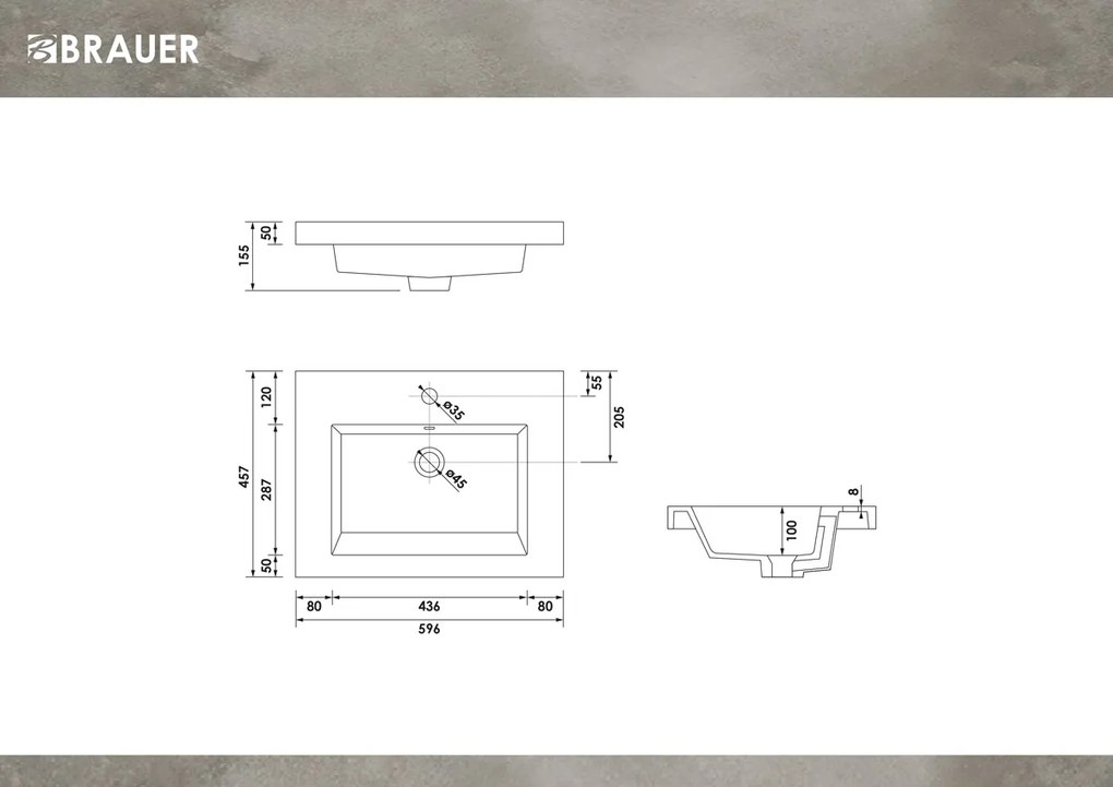 Brauer Solar Medium wastafel mineraalmarmer 60cm zonder kraangat wit glans