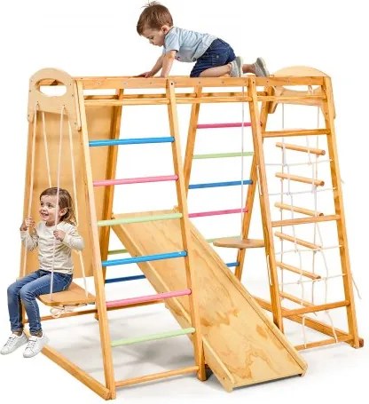 VEVOR Indoor Speeltuin Klimrek (9-in-1) gemaakt van hout, draagvermogen 113 kg. Montessori klimspeelset met schommels/klimrek/glijbaan/houten ladder/touwladder/klimnet/rots/paal/touw.