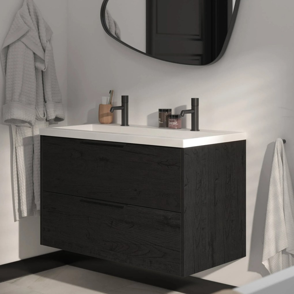 Saqu Lima badmeubel incl. mat witte wastafel met 2 kraangaten 100x52x64cm eiken zwart – mat zwarte greep