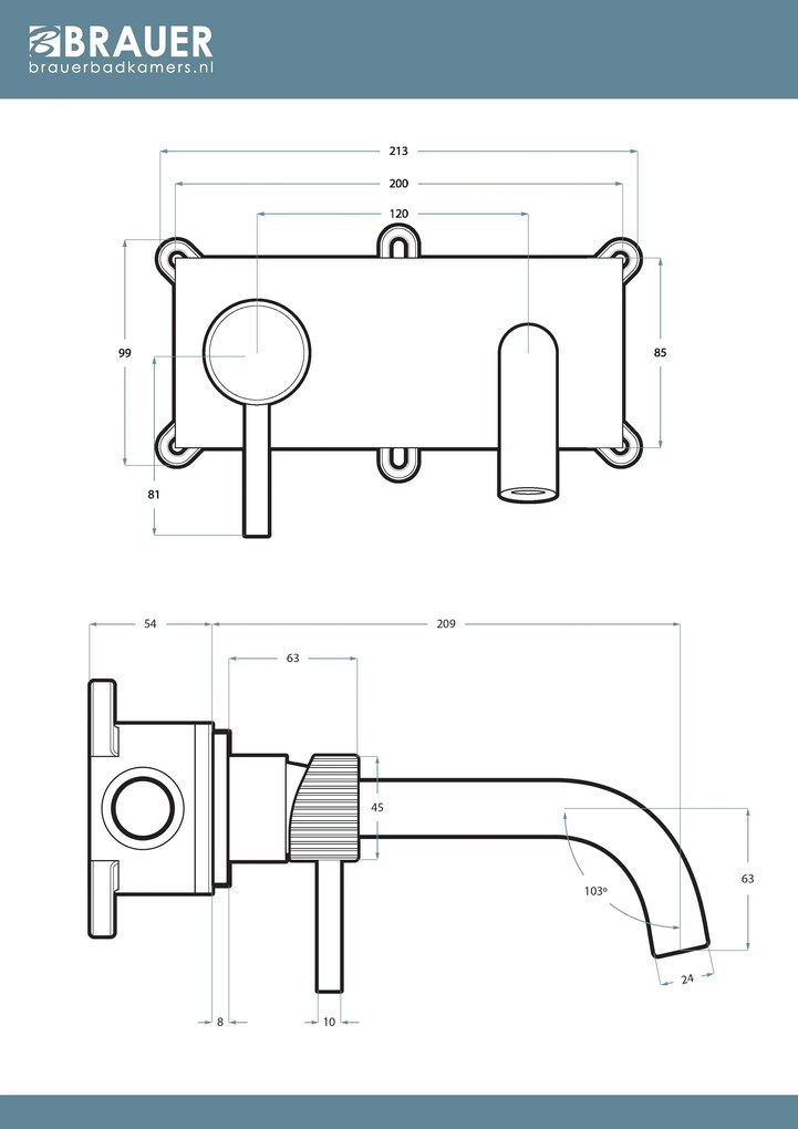 Brauer Stripe inbouw wastafelkraan ColdStart met gebogen uitloop en afdekplaat model A2 koper geborsteld PVD