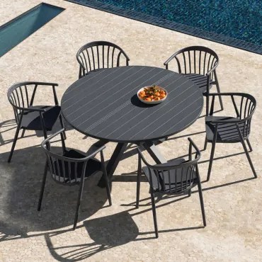 Set Van 145-200x145 Cm Uitschuifbare Aluminium Tafel Barces En 6 Stapelbare Tuinstoelen Met Armleuningen Ivor Grijs – Grafiet - Sklum