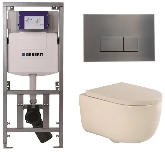 QeramiQ Dely Swirl Toiletset - 36.3x51.7cm - Geberit UP320 inbouwreservoir - met Burda frame - 35mm zitting - gunmetal bedieningsplaat - rechthoekige knoppen - beige 0701131/SW706199/SW1000771/SW1026259