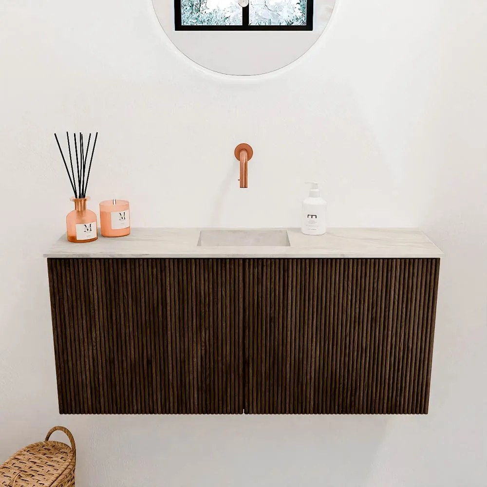 Mondiaz Joya DLux 90cm toiletmeubel walnut met wastafel faye midden zonder kraangat ostra