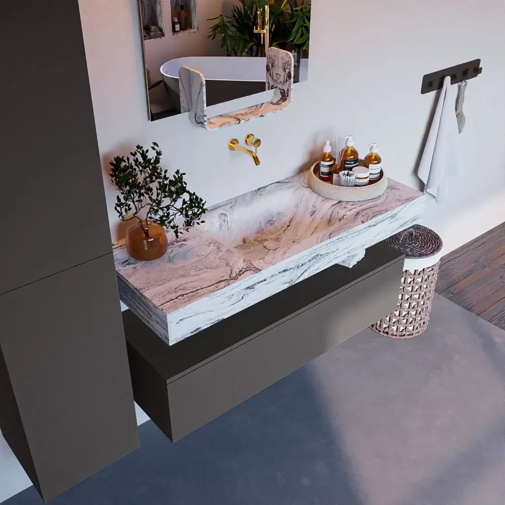 Mondiaz Alan DLux badmeubel 120cm dark grey 1 lade met wastafel glace midden zonder kraangat