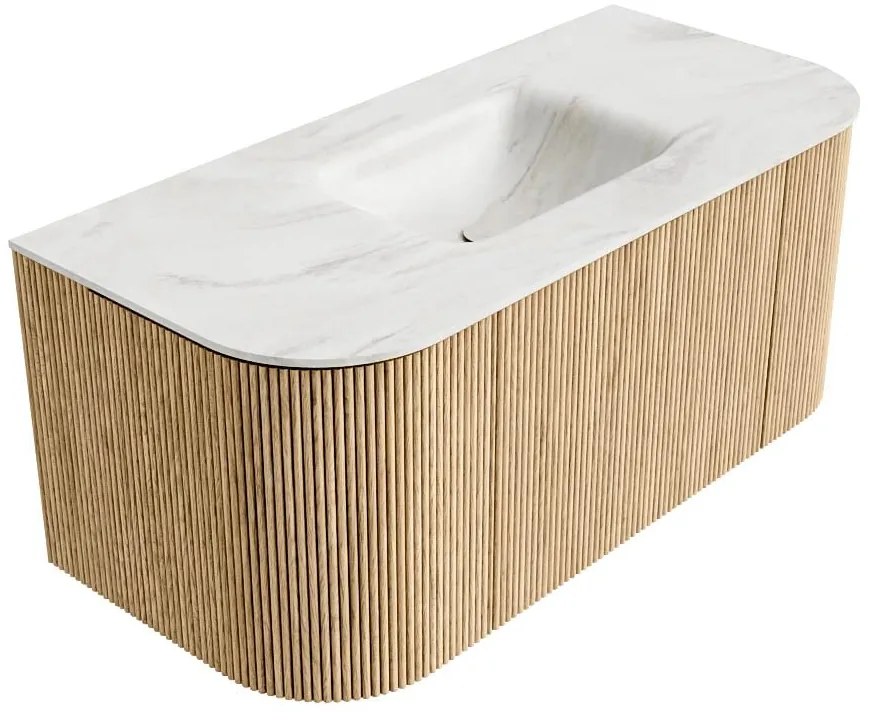 Mondiaz Kurve-dlux 100cm badmeubel ronding links/rechts oak met 1 lade en 2 deuren en wastafel grunne midden 1 kraangat ostra