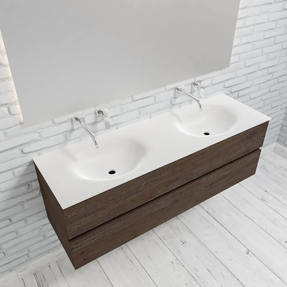 Zaro Sevilla Solid Surface badmeubel 150cm donker eiken zonder kraangat dubbele spoelbak met 2 lades