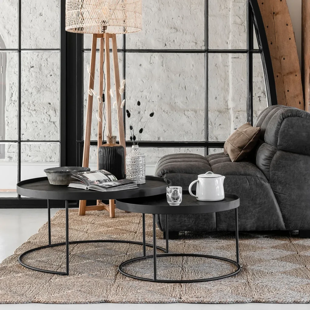 Ronde Salontafelset Zwart Teak En Metaal