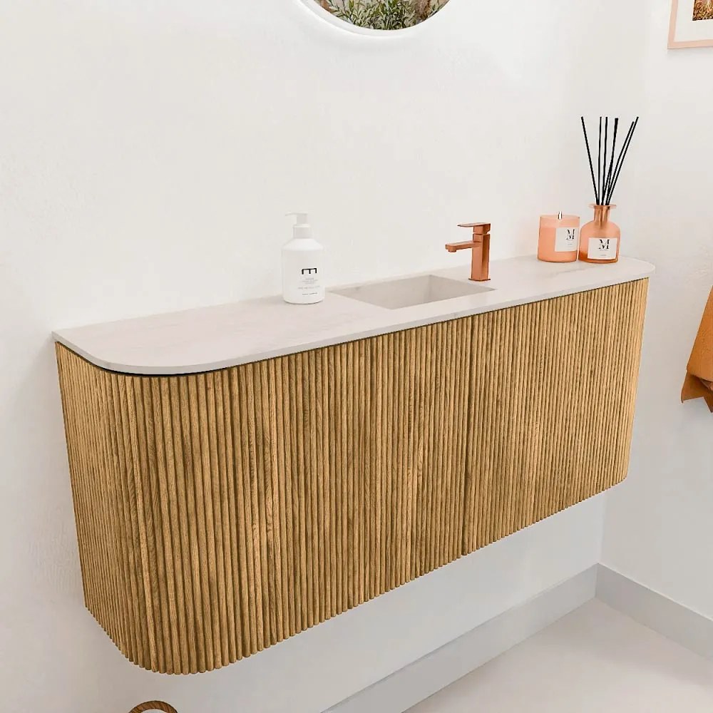 Mondiaz Joya DLux 105cm toiletmeubel ronding links/rechts oak met wastafel faye midden 1 kraangat meli