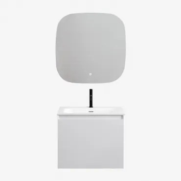 Macrae Zwevend Houten Badkamermeubelset Met Geïntegreerde Wastafel Wit & Vierkant Led En Anticondens 75x75 Cm Riben & Zwart ↑20 - Sklum