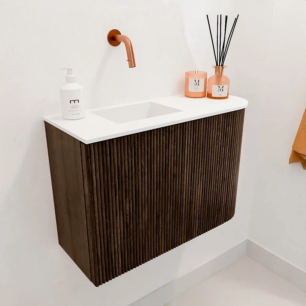 Mondiaz Joya 60cm toiletmeubel ronding rechts walnut met wastafel faye links zonder kraangat talc