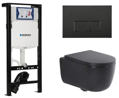 QeramiQ Dely Swirl Toiletset - 36.3x51.7cm - Geberit UP320 plieger inbouwreservoir - 35mm zitting - mat zwarte bedieningsplaat - rechthoekige knoppen - mat zwart SW1000769/SW1026258/SW1381697/SW706189