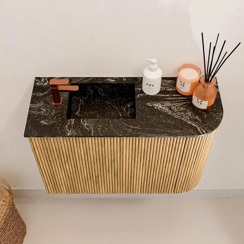 Mondiaz Joya DLux 60cm toiletmeubel ronding rechts oak met wastafel faye links 1 kraangat lava