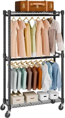 VEVOR Kledingrek op wielen, garderobekaststandaard, 1 kledingstang, 2 niveaus, draagvermogen van 136 kg. Duurzaam kledingrek op wielen voor slaapkamer, wasruimte, kleedkamer, entree etc.