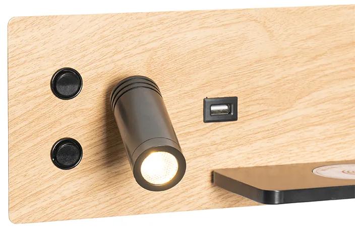 Set van 2 wandlamp zwart met hout incl. LED met USB en inductielader - Riza Modern Binnenverlichting Lamp