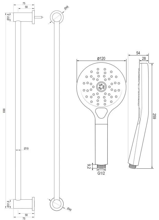 Brauer Gunmetal Carving thermostatische douchekraan met glijstang en 3 standen handdouche gunmetal geborsteld PVD