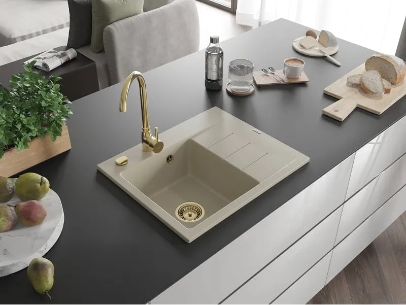 Mexen Ben granitische spoelbak met 1 bak en afdruiprek, links, 600 x 500 mm, beige, gouden sifon - 6522605000-69-G