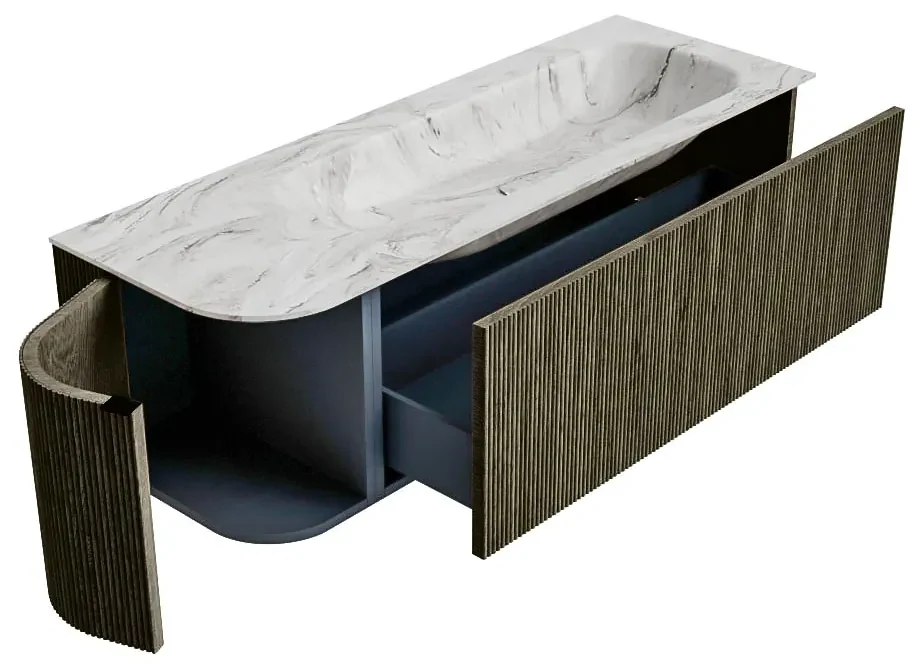 Mondiaz Kurve-dlux 135cm badmeubel ronding links shadow met 1 lade en deur en wastafel big medium rechts zonder kraangat glace