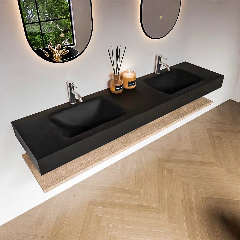 Zaro Alan badmeubel 180cm met planchet washed oak en vrijhangende wastafel cloud dubbel 2 kraangaten urban