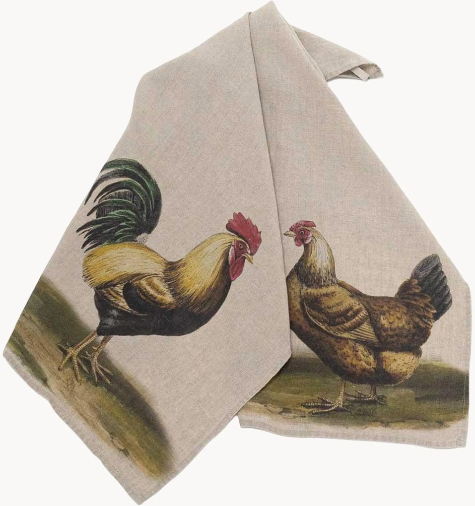 Theedoeken Rooster & Hen van linnen, 2-delig