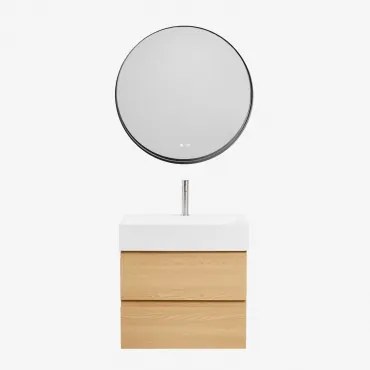 Badkamermeubelset Van Hout En Essenhoutfineer Met Geïntegreerde Wastafel Ona Natuurlijk Hout & Round Led And Antifog Zwart Ø80 Cm - Sklum