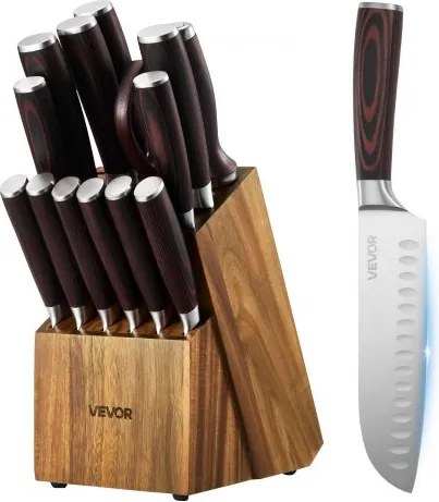 VEVOR Keukenmessenset met messenblok (hout) en slijpstaal, 15-delige messenset, scherpe messen gemaakt van hoogwaardig roestvrij staal met hoog koolstofgehalte, keukenbestek met ergonomische handgreep, voor thuisgebruik