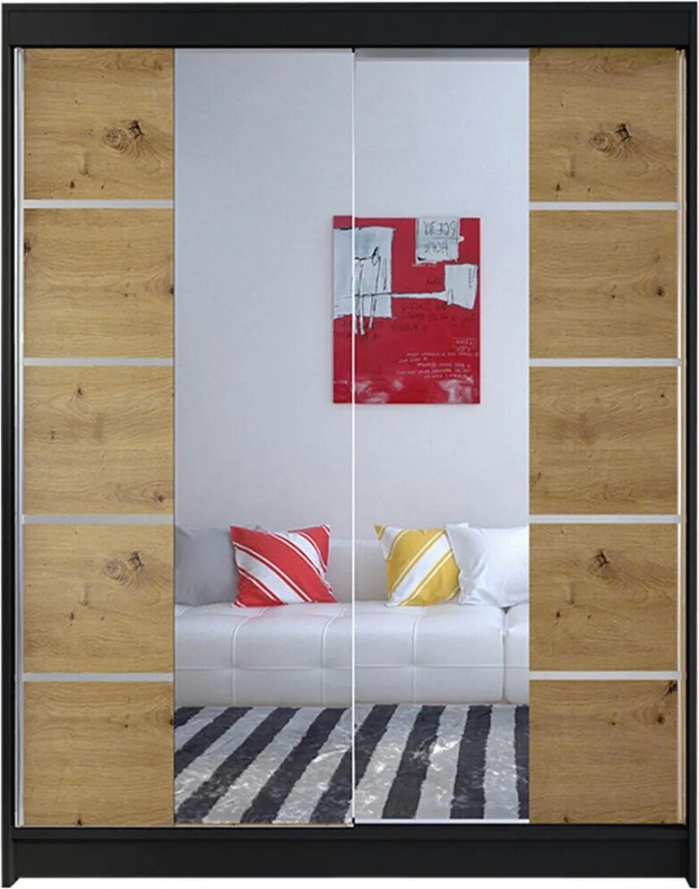 Kledingkast Closico Vastor V, Artisan eiken, Zwart, 200x150x58cm, 125 kg, Kledingkast deuren: Schuivend, Aantal planken: 5, Aantal planken: 5