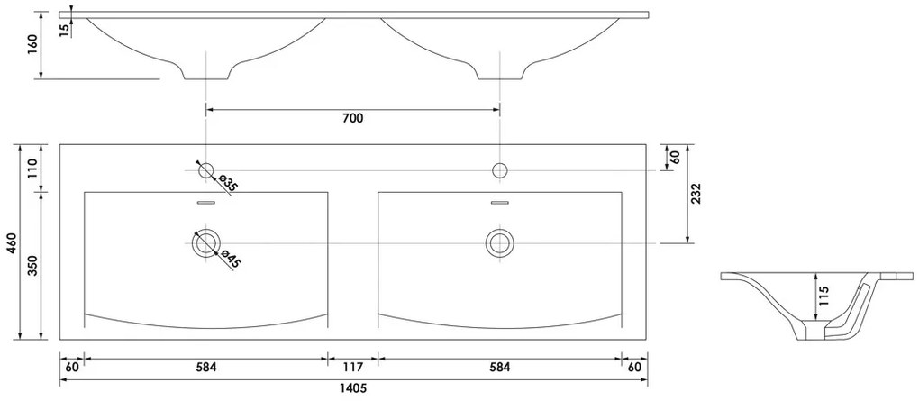 Brauer Glacier dubbele wastafel fine stone 140cm met kraangaten wit glans