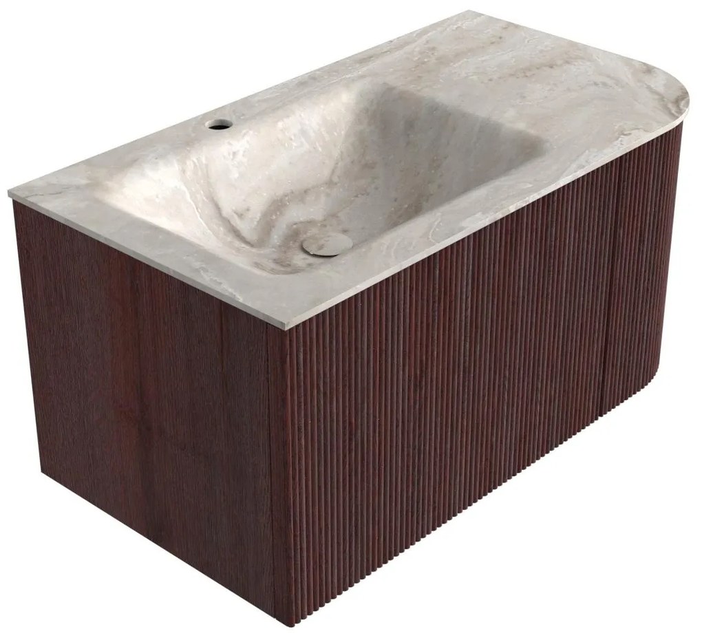 Mondiaz Kurve-dlux 85cm badmeubel ronding rechts ruby met 1 lade en deur en wastafel cloud kraangat links frappe