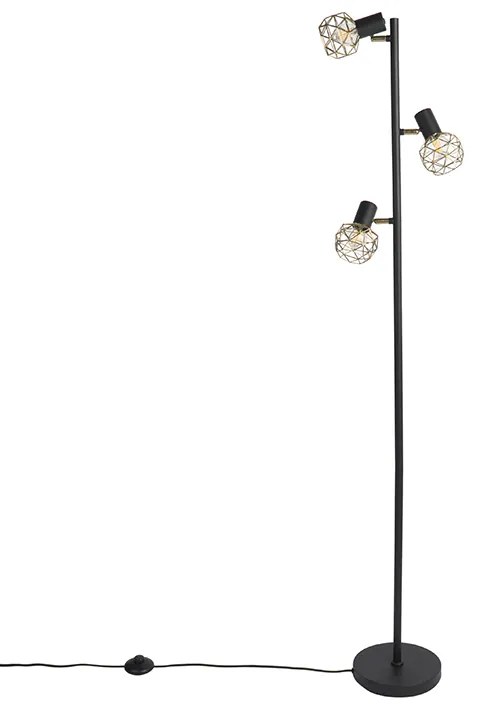 Design vloerlamp zwart met goud 3-lichts verstelbaar - Mesh