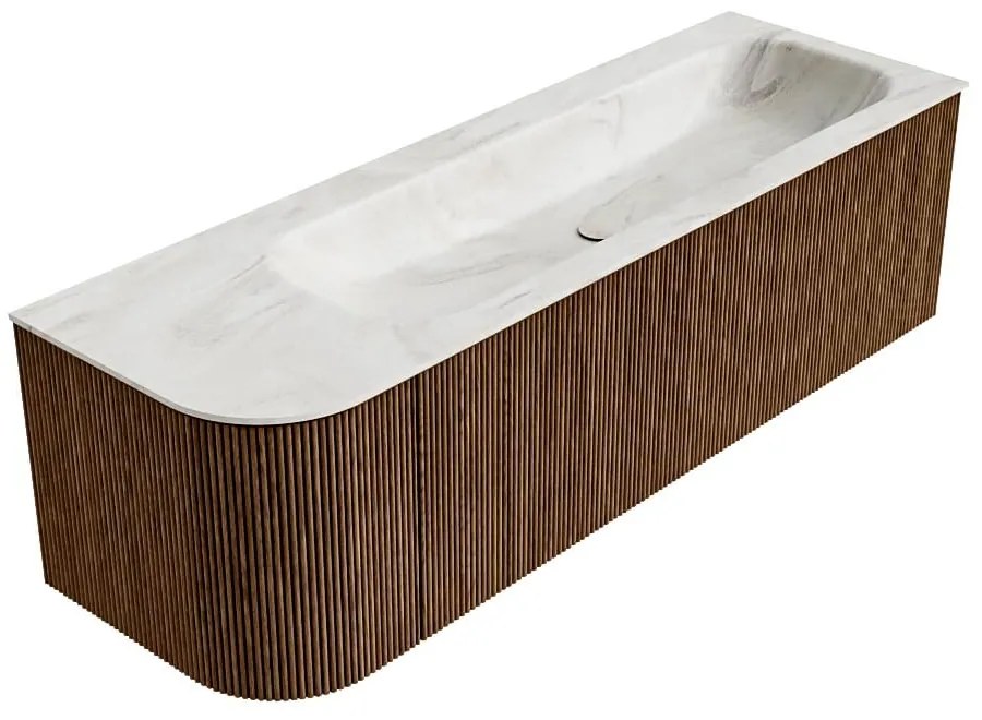 Mondiaz Kurve-dlux 145cm badmeubel ronding links walnut met 1 lade en deur en wastafel big large kraangat rechts ostra