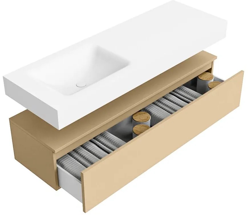 Zaro Alan badmeubel 140cm sand 1 lade met vrijhangende wastafel cloud links 1 kraangat talc
