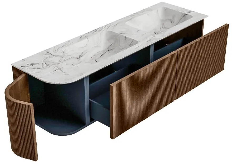 Mondiaz Kurve-dlux 155cm badmeubel ronding links walnut met 2 lades en 1 deur en wastafel leaf dubbel/rechts zonder kraangat glace