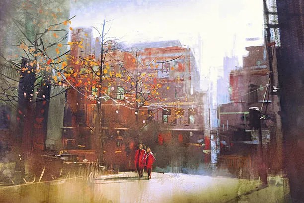 Ilustratie couple in red walking on street of city, Grandfailure