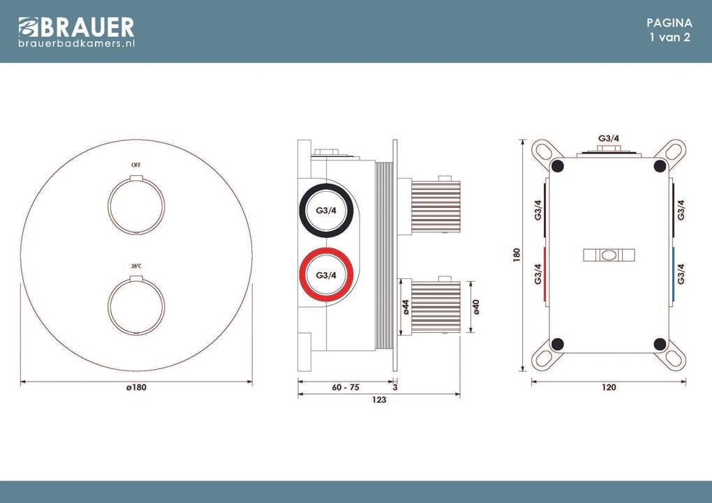 Brauer Stripe 3-weg inbouwthermostaat rond zwart mat