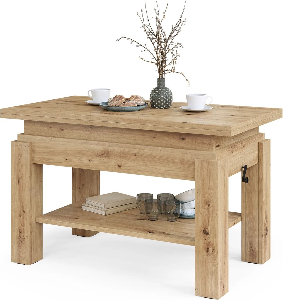 BRAVO artisan eiken – uitschuifbare en in hoogte verstelbare salontafel, tafel met plank